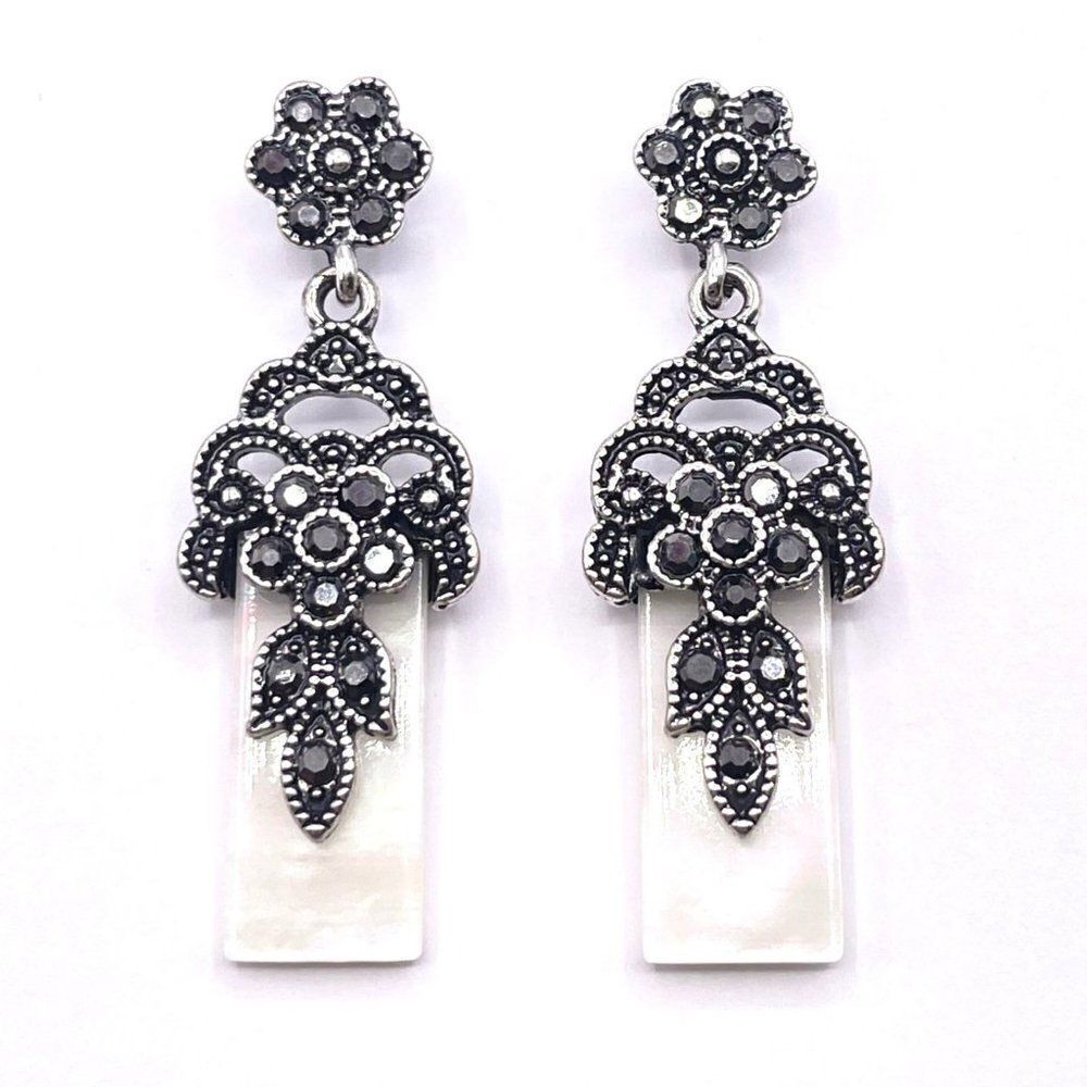 Silver with Gray Crystal and White Acrylic Art Deco Dangling Post Back Earrings
